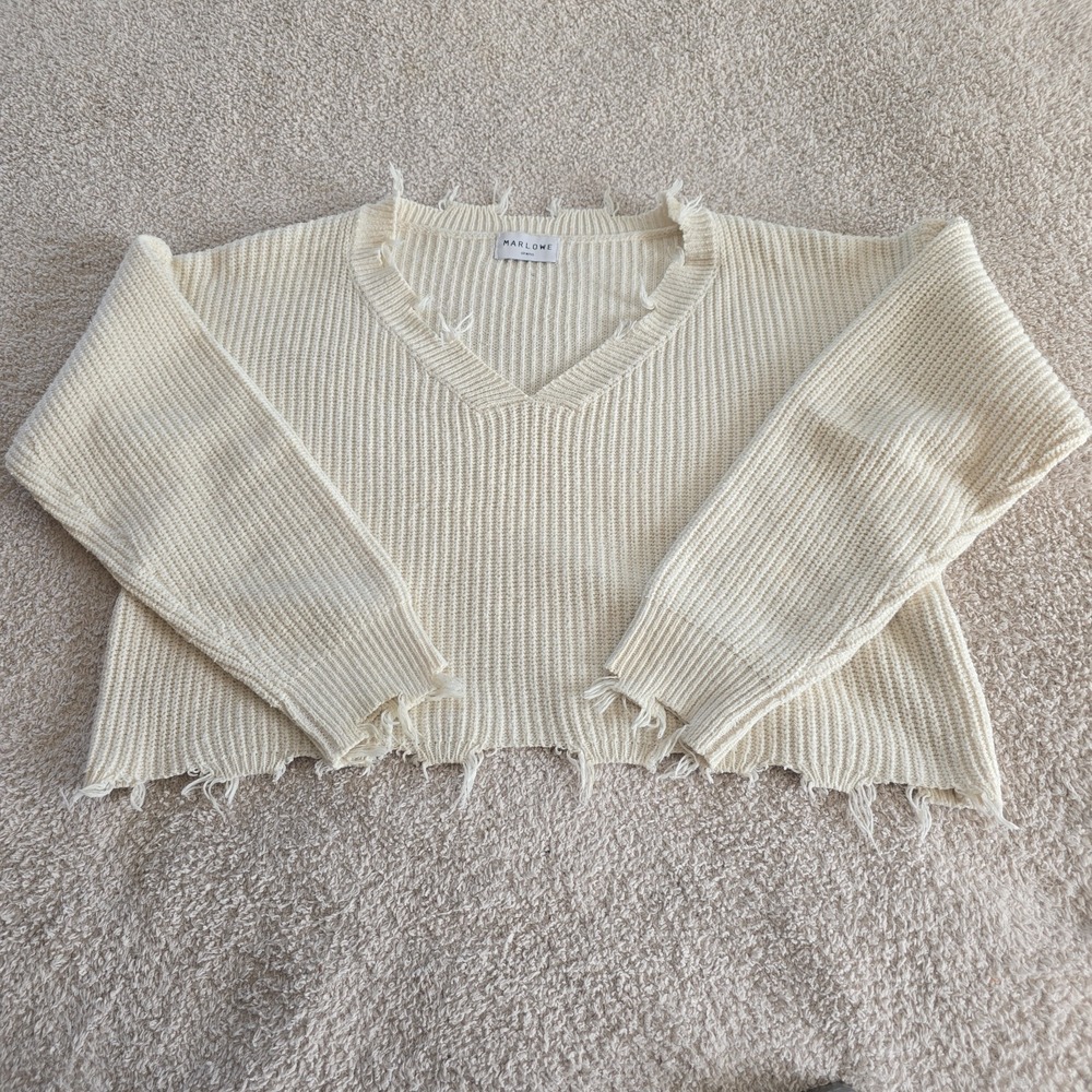 Marlowe Sirena Cropped‎ V-neck Rough Hem Sweater Cream Boho-chic  Women's Size L